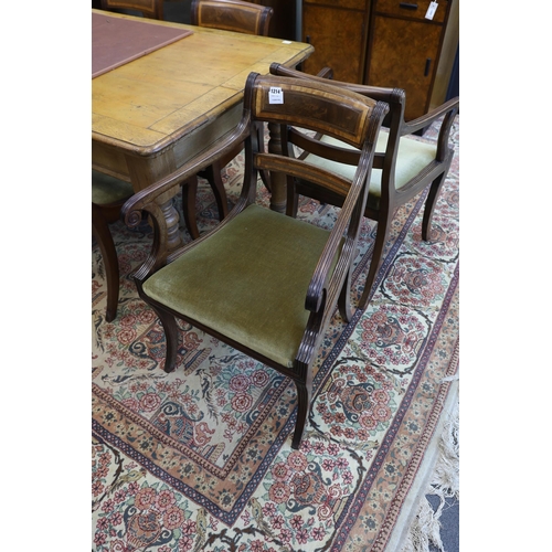 1214 - A set of eight Regency mahogany and satinwood banded sabre leg dining chairs, two with arms