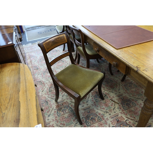 1214 - A set of eight Regency mahogany and satinwood banded sabre leg dining chairs, two with arms