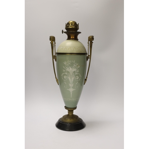 1402 - A late 19th century pate sur pate and gilt metal oil lamp with twin handles (restoration), 44cm... 