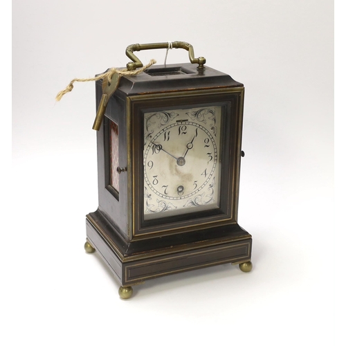 1404 - A French ebonised mantel timepiece with silvered dial with balance escapement, 28cm high