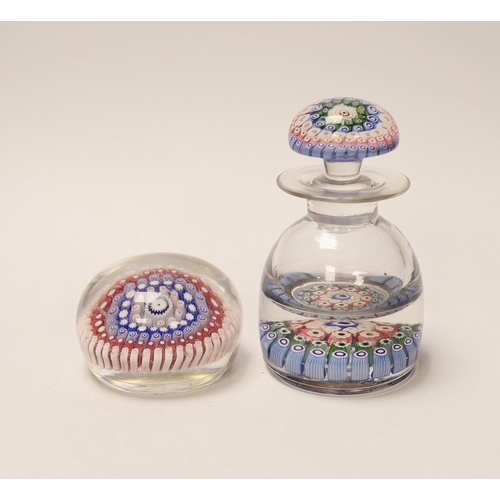 1405 - A millefiori glass inkwell and a paperweight, 14cm high