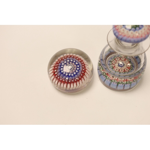 1405 - A millefiori glass inkwell and a paperweight, 14cm high