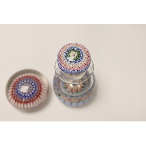 1405 - A millefiori glass inkwell and a paperweight, 14cm high