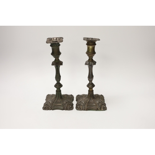 1406 - A pair of  late 18th century Old Sheffield plate candlesticks, 24cm high