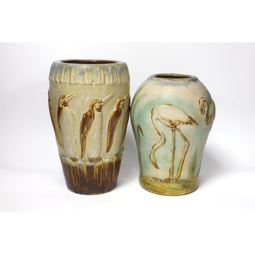 1408 - Two Denby ware pottery vases decorated in relief with penguins and flamingos, largest 26cm high... 