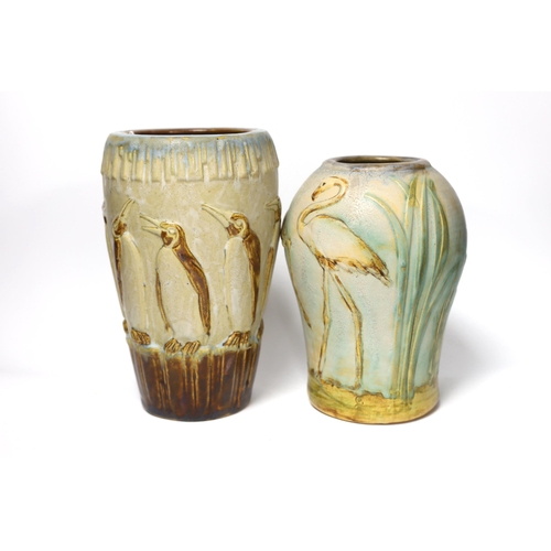 1408 - Two Denby ware pottery vases decorated in relief with penguins and flamingos, largest 26cm high... 