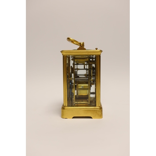 1413 - A gilt brass carriage clock with repeater, the dial inscribed Edward & Sons Glasgow, 18cm high... 