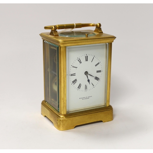 1413 - A gilt brass carriage clock with repeater, the dial inscribed Edward & Sons Glasgow, 18cm high... 