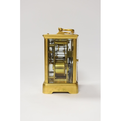 1413 - A gilt brass carriage clock with repeater, the dial inscribed Edward & Sons Glasgow, 18cm high... 