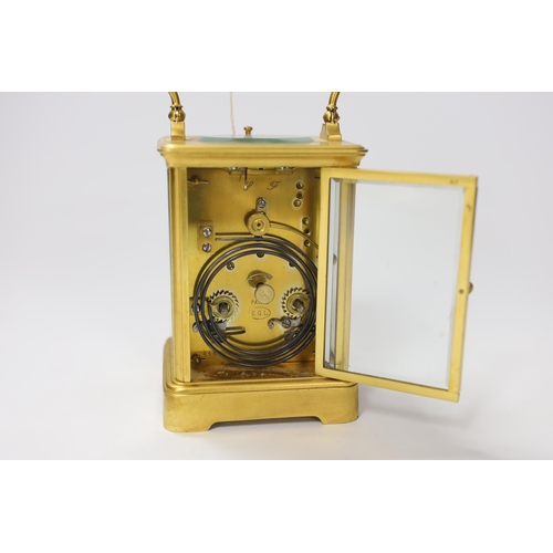 1413 - A gilt brass carriage clock with repeater, the dial inscribed Edward & Sons Glasgow, 18cm high... 