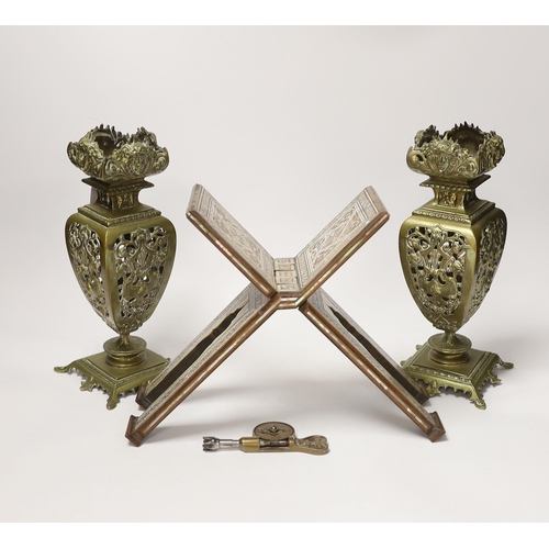 1416 - A pair of early 20th century brass garnitures, a German brass tachometer and a mother of pearl inlai... 