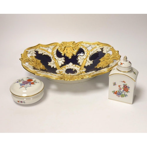 1417 - A Meissen gilt and blue glazed dish together with a similar floral caddy and box and cover, dish 33c... 