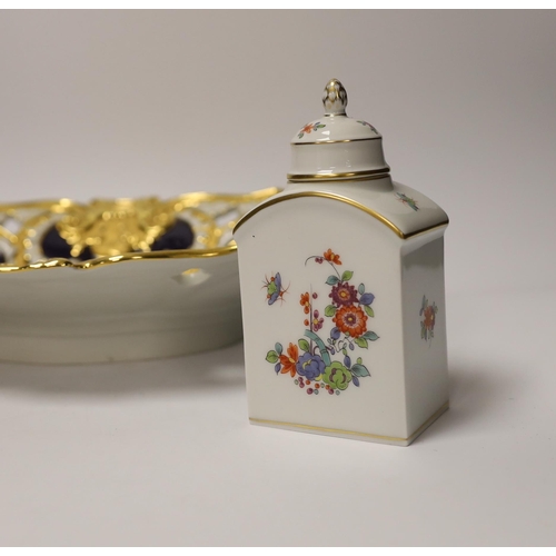 1417 - A Meissen gilt and blue glazed dish together with a similar floral caddy and box and cover, dish 33c... 