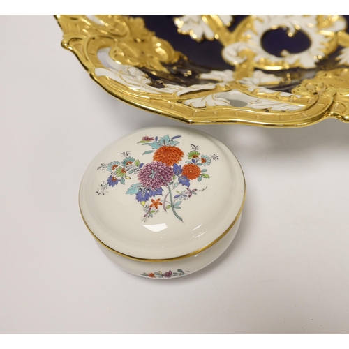 1417 - A Meissen gilt and blue glazed dish together with a similar floral caddy and box and cover, dish 33c... 