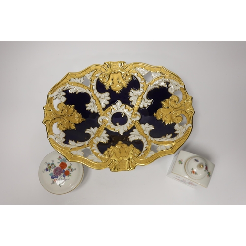 1417 - A Meissen gilt and blue glazed dish together with a similar floral caddy and box and cover, dish 33c... 