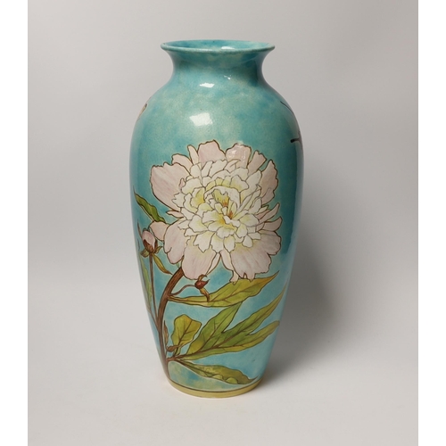 1421 - A Minton Art Pottery Studio Kensington Gore vase, decorated with flowers and a butterfly, 35.5cm... 