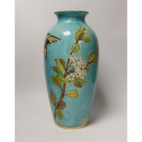 1421 - A Minton Art Pottery Studio Kensington Gore vase, decorated with flowers and a butterfly, 35.5cm... 