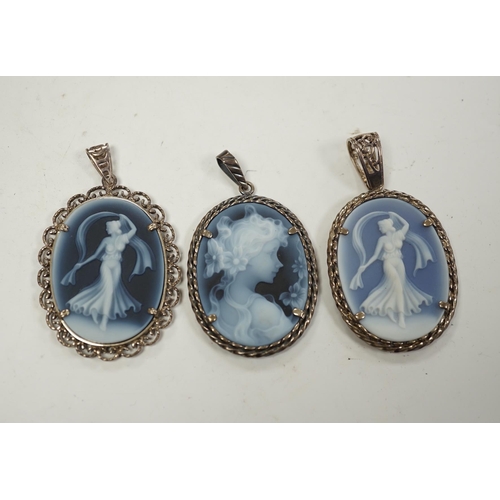 1979 - Three modern 925 or silver mounted Wedgwood style oval plaque pendants, 42mm.