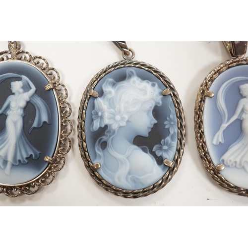 1979 - Three modern 925 or silver mounted Wedgwood style oval plaque pendants, 42mm.