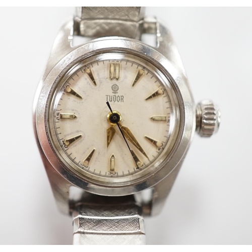 1980 - A lady's stainless steel Tudor manual wind wrist watch, with baton numerals, on an associated flexib... 