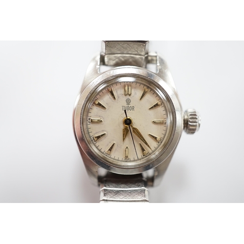 1980 - A lady's stainless steel Tudor manual wind wrist watch, with baton numerals, on an associated flexib... 