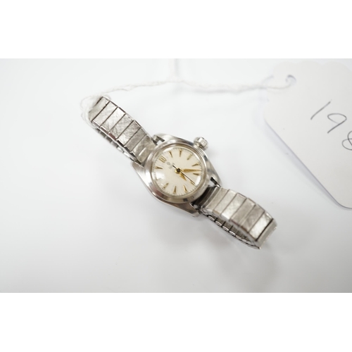 1980 - A lady's stainless steel Tudor manual wind wrist watch, with baton numerals, on an associated flexib... 