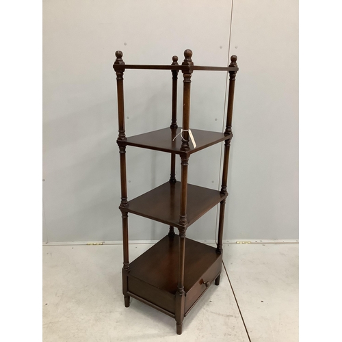 102 - A reproduction mahogany four tier whatnot, width 46cm, depth 36cm, height 126cm