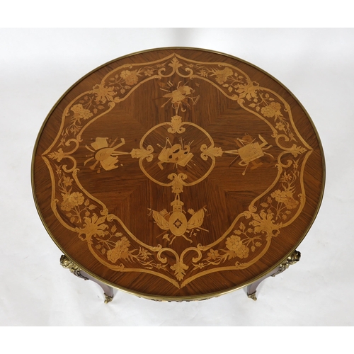 153 - A Louis XVI style ormolu mounted marquetry centre table, decorated with musical, agricultural and ar... 