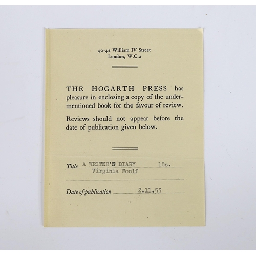 325 - ° ° Woolf, Virginia - A Writers Diary, 1st edition, Hogarth Press review copy, with invitation to r... 