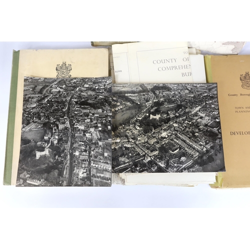 329 - ° ° Two black and white aerial views of Lewes, East Sussex, 1986, 23 x 27cms; Crutchleys New Map of... 