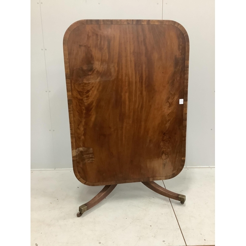 34 - A George III rectangular banded mahogany tilt top table, width 131cm, depth 96cm, height 72cm