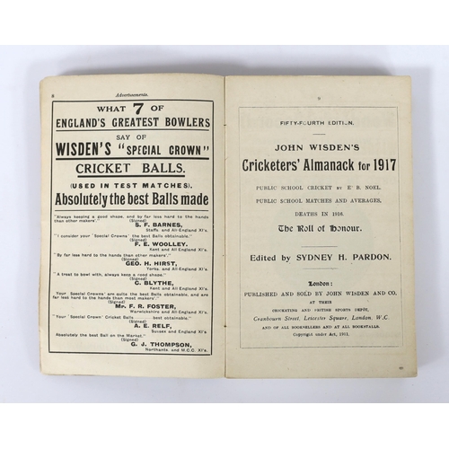 347 - ° ° Wisden - John Wisdens Cricketers Almanack for 1917, with original wrappers, spine cracked, wit... 