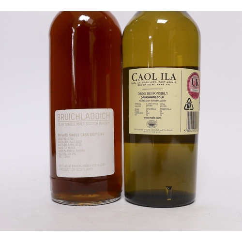 370 - A bottle of Caol Ila 12 year old malt whisky and a bottle of Bruichladdich Islay single malt, privat... 