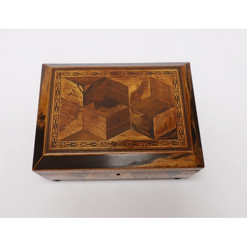 390 - An early 19th century specimen wood, perspective cube marquetry box, 20.5cm wide, 9cm high, 15cm dee... 