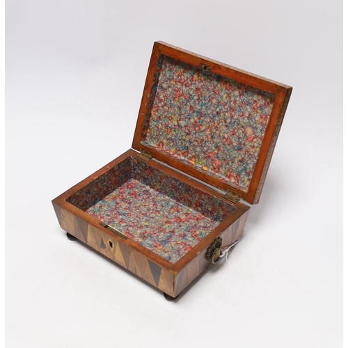 390 - An early 19th century specimen wood, perspective cube marquetry box, 20.5cm wide, 9cm high, 15cm dee... 