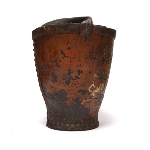 391 - A painted leather fire bucket with armorial crest, 29cm high