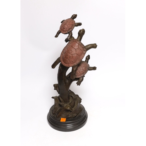 400 - A bronze turtle figure group on cresting waves, 41cm high