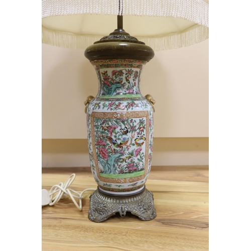 409 - A brass mounted Chinese Canton famille rose porcelain table lamp, 81cm high