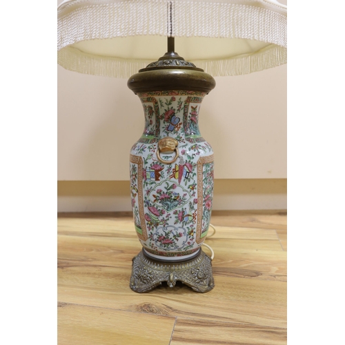 409 - A brass mounted Chinese Canton famille rose porcelain table lamp, 81cm high