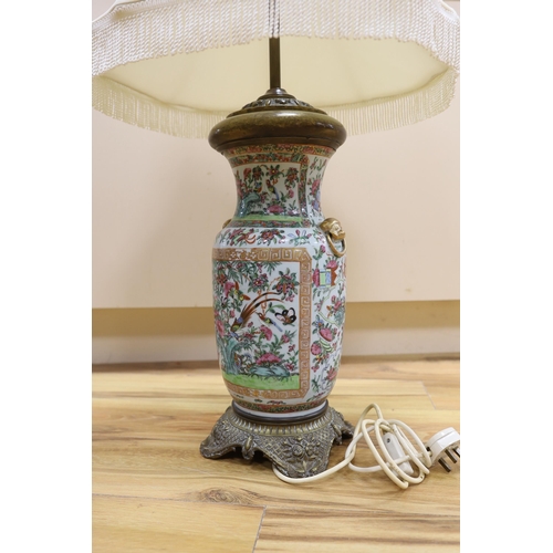 409 - A brass mounted Chinese Canton famille rose porcelain table lamp, 81cm high