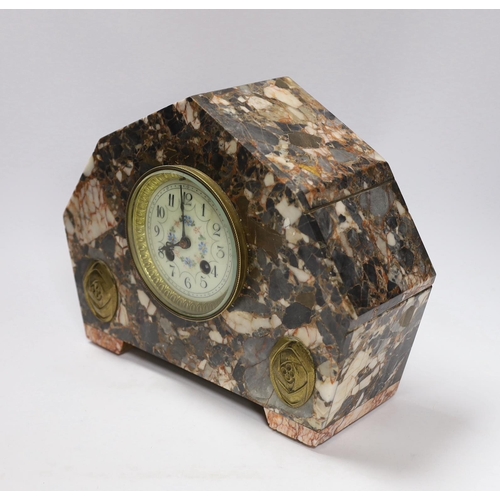 430 - An early 20th century French marble clock garniture with key and pendulum, 25cm