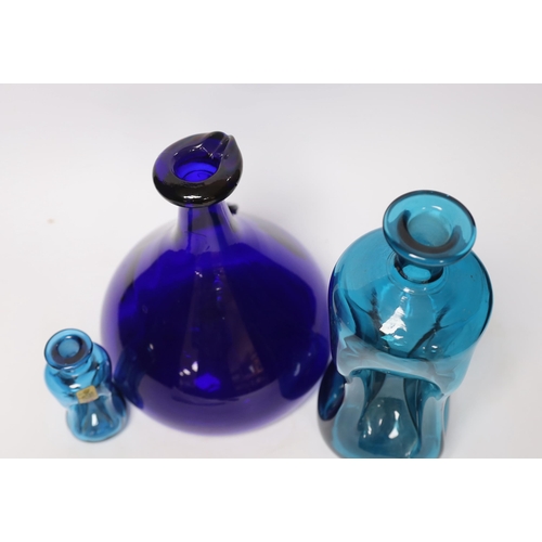 441 - Three Holmegaard blue glass decanters, tallest 26cm high