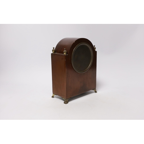 447 - An Edwardian inlaid mahogany mantel timepiece, 20cm