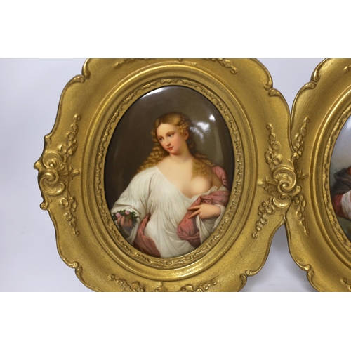 449 - A pair of framed 19th century Paris porcelain oval porcelain plaques, painted with Flora and two lad... 