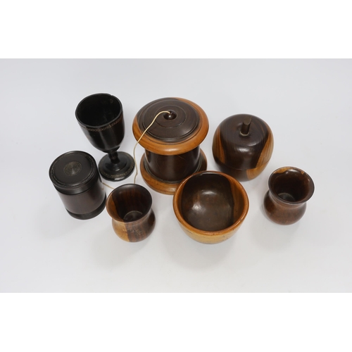 459 - A collection of 19th/20th century lignum vitae vessels, including a turned string box and cover, an ... 