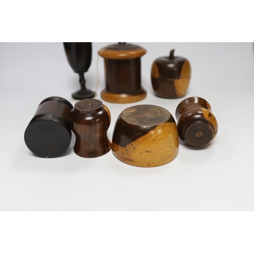 459 - A collection of 19th/20th century lignum vitae vessels, including a turned string box and cover, an ... 