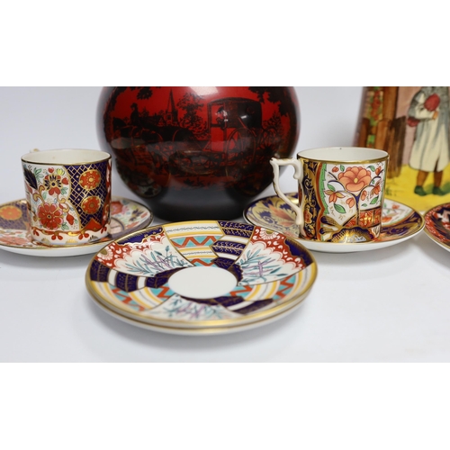 462 - A Doulton flambé vase, a Gaffers Seriesware jug and Royal Crown Derby Imari cups and saucers, talles... 