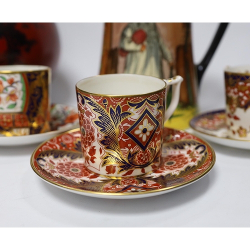 462 - A Doulton flambé vase, a Gaffers Seriesware jug and Royal Crown Derby Imari cups and saucers, talles... 