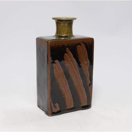 464 - Winchcombe pottery tenmoku glazed rectangular studio pottery flask, attributed to Ray Finch, 18cm... 