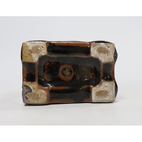 464 - Winchcombe pottery tenmoku glazed rectangular studio pottery flask, attributed to Ray Finch, 18cm... 